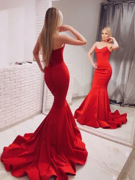 Elegant Strapless Mermaid Red Long Prom with Train, Mermaid Red Formal, Red Evening
