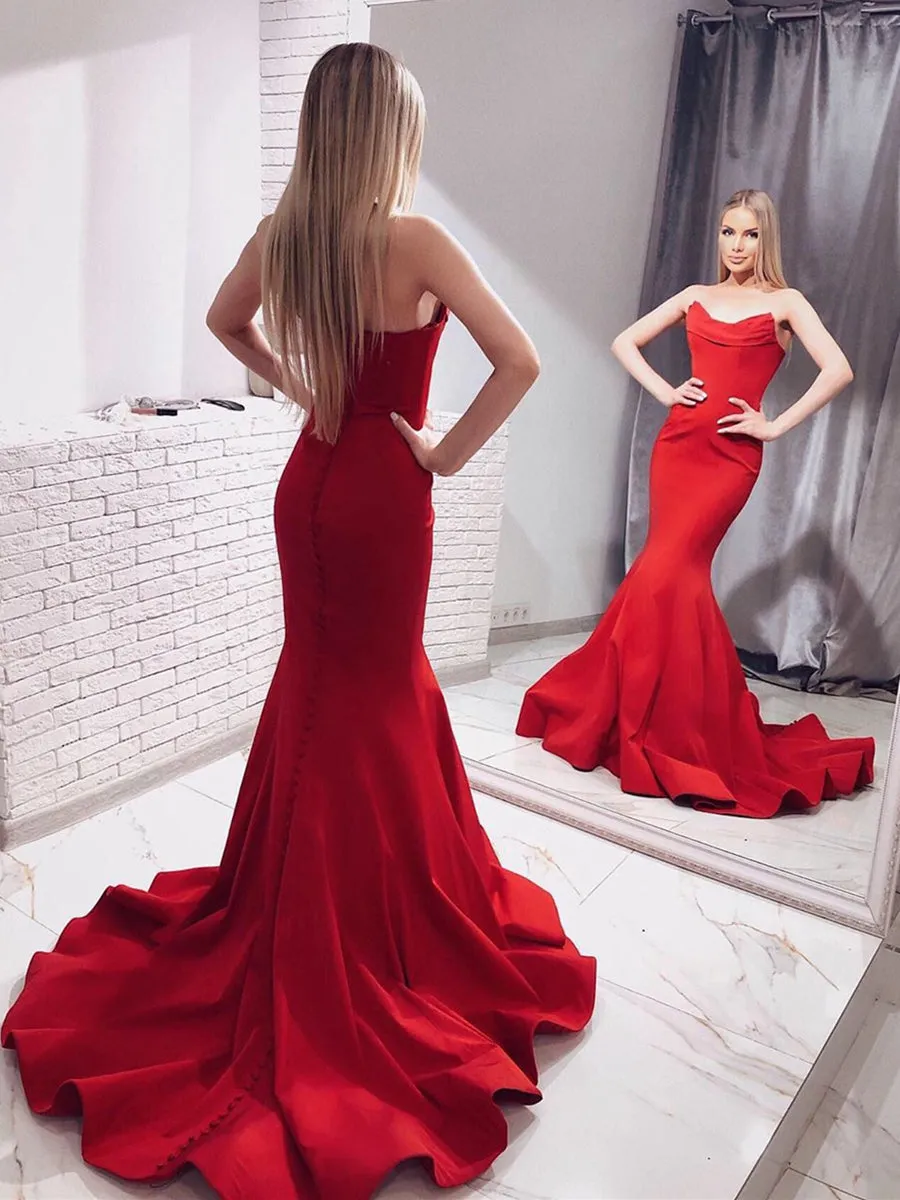Elegant Strapless Mermaid Red Long Prom with Train, Mermaid Red Formal, Red Evening