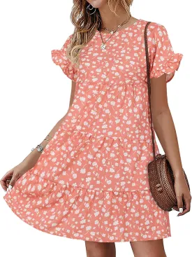 Imysty Womens Boho Floral Ruffle Sleeve Babydoll Loose Flowy Casual Summer Pleated Mini Dress
