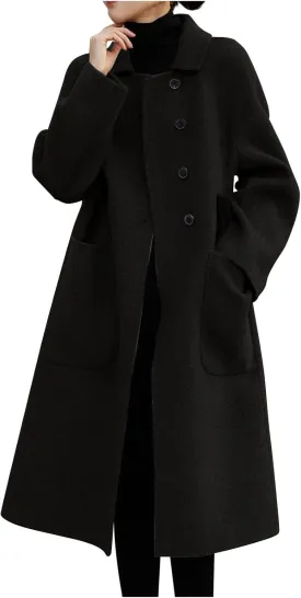 Long Trench Coat for Women Elegant Single Breasted Pea Coat Winter Warm Wool Blend Oversized Pea Coat with Pockets