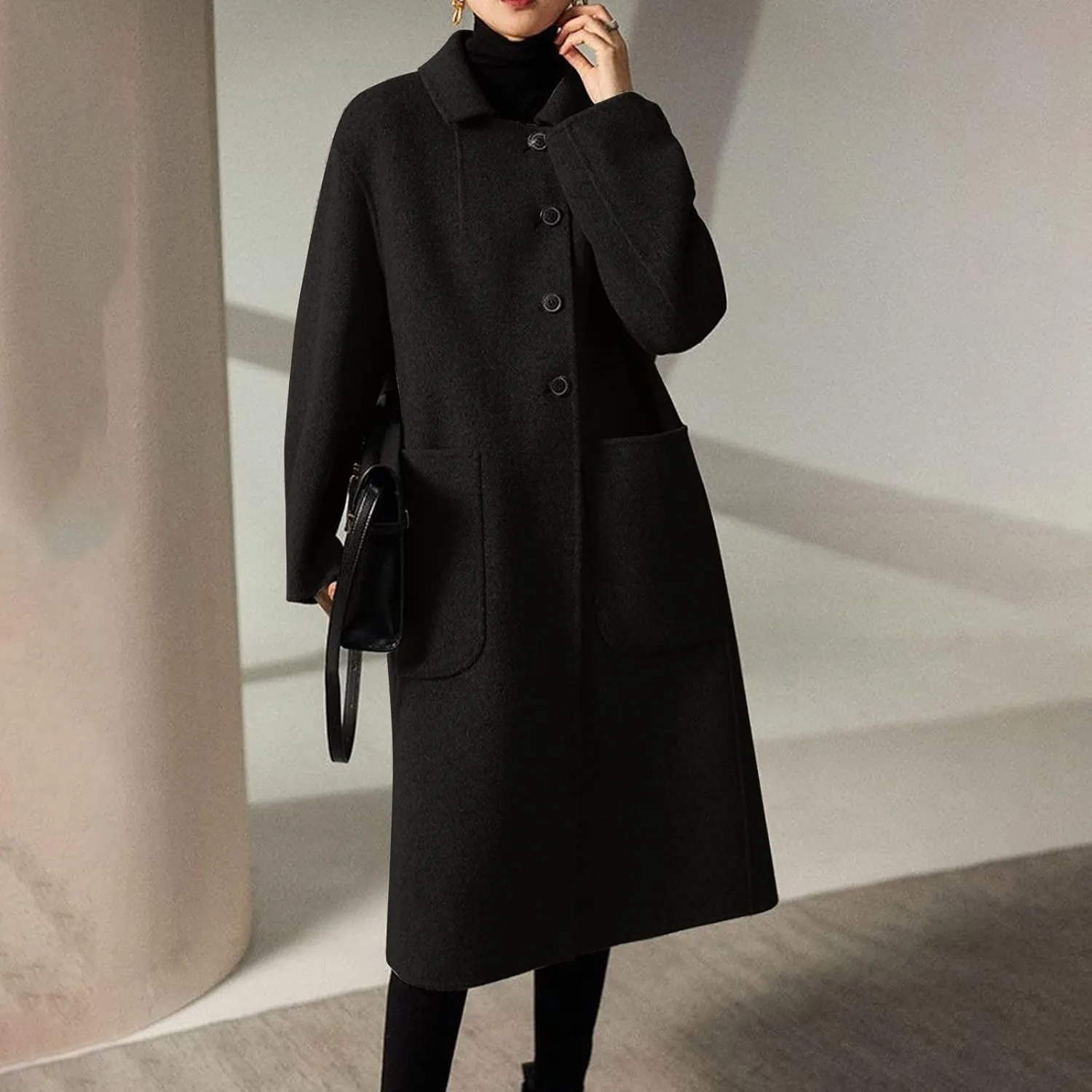 Long Trench Coat for Women Elegant Single Breasted Pea Coat Winter Warm Wool Blend Oversized Pea Coat with Pockets