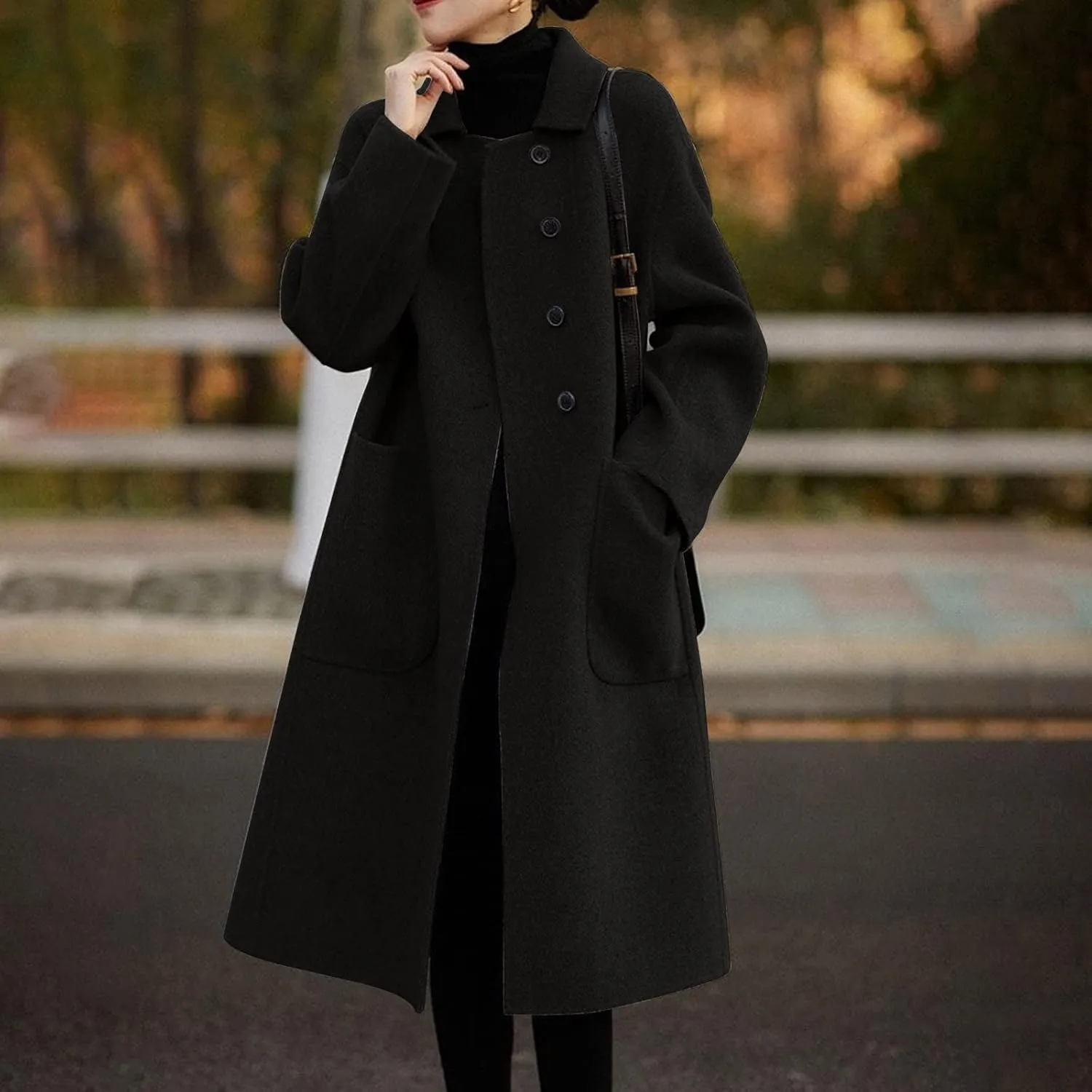Long Trench Coat for Women Elegant Single Breasted Pea Coat Winter Warm Wool Blend Oversized Pea Coat with Pockets