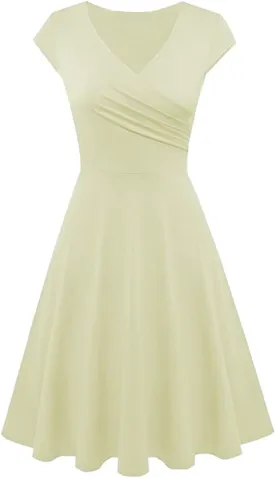 OMZIN Women's Summer 1950s Vintage Dress Wrap V Neck Cap Sleeve Dress Cocktail Swing Dress A-Line Flared Midi Dress