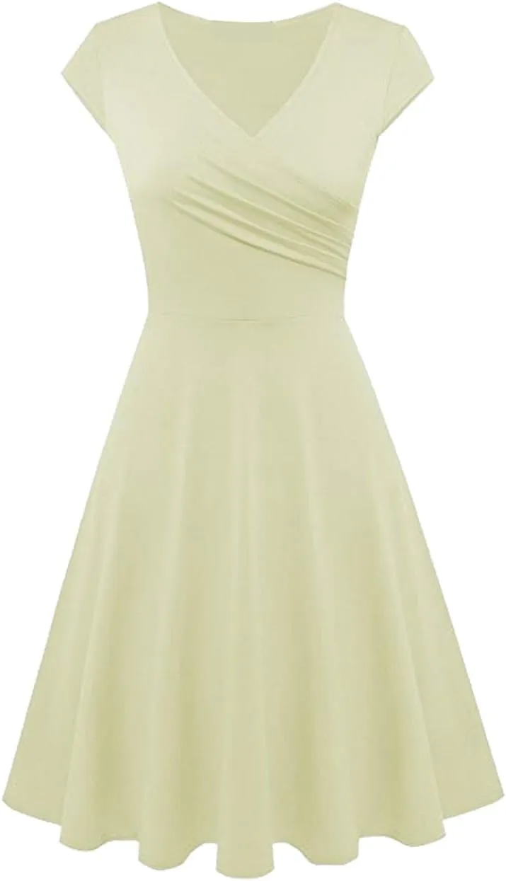 OMZIN Women's Summer 1950s Vintage Dress Wrap V Neck Cap Sleeve Dress Cocktail Swing Dress A-Line Flared Midi Dress