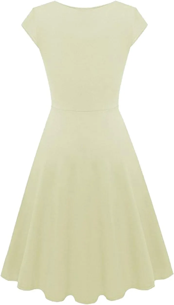 OMZIN Women's Summer 1950s Vintage Dress Wrap V Neck Cap Sleeve Dress Cocktail Swing Dress A-Line Flared Midi Dress