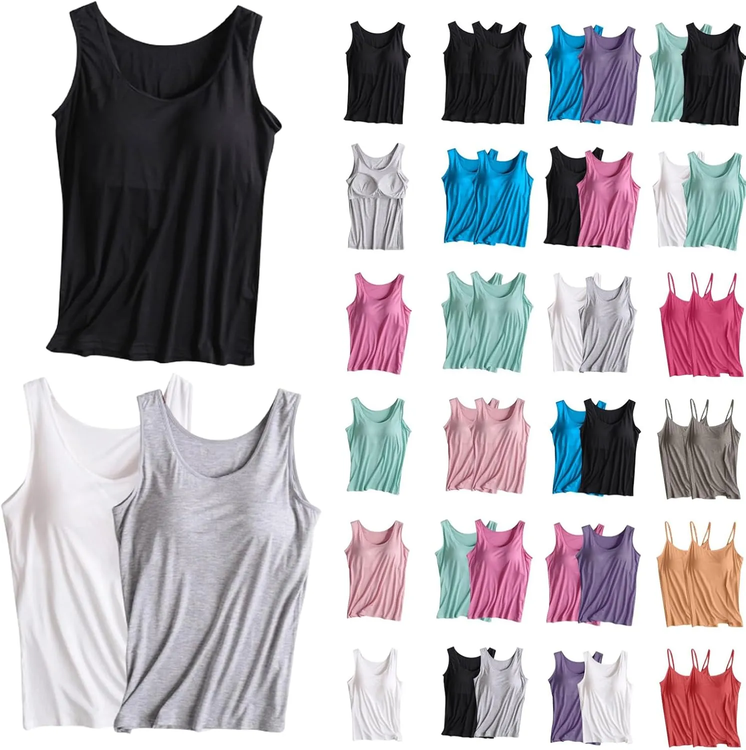 Tank Top with Built in Bra for Women Modal Built-in Bra Padded Camisole Stretch Cami Undershirt Yoga Tanks Tops 2 PC