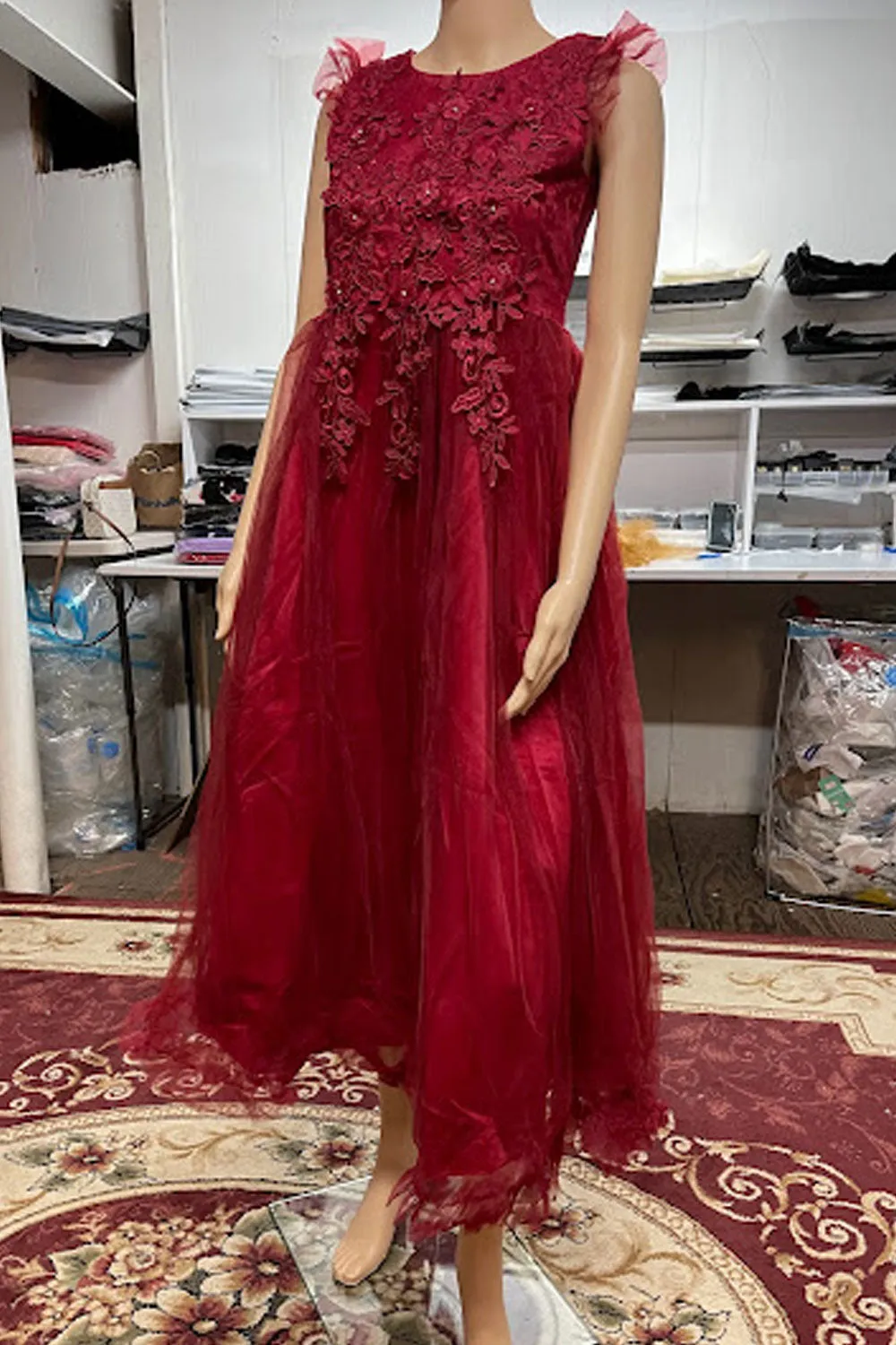 Women Superb Mid-Length Lace Decorated Round Neck Sleeveless A-Line Party Evening Dress - WD117573