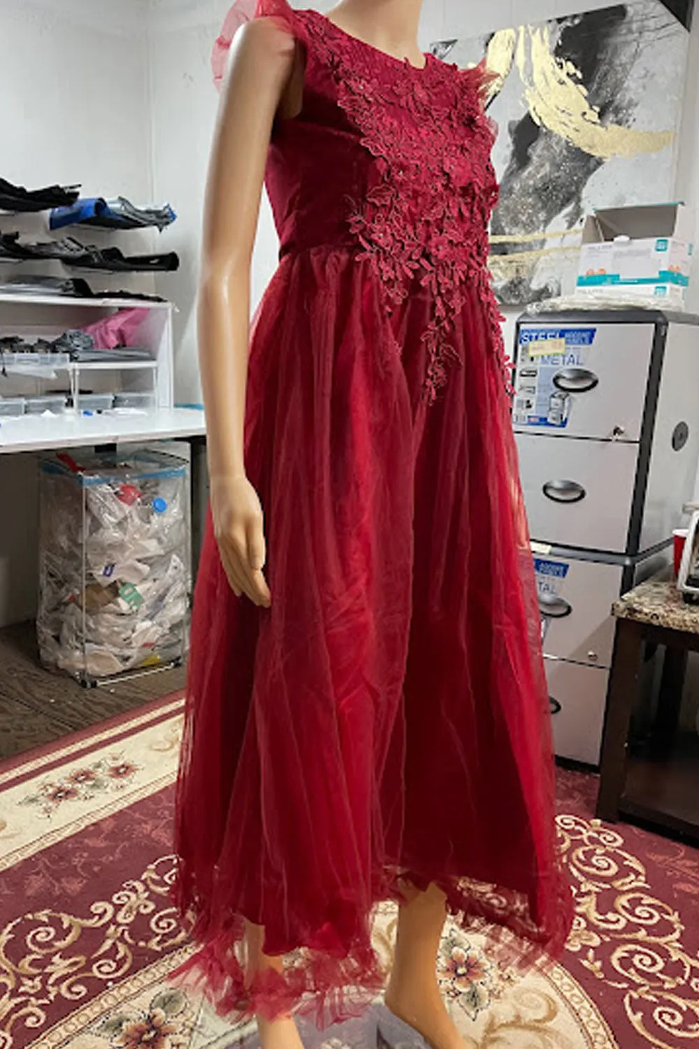 Women Superb Mid-Length Lace Decorated Round Neck Sleeveless A-Line Party Evening Dress - WD117573