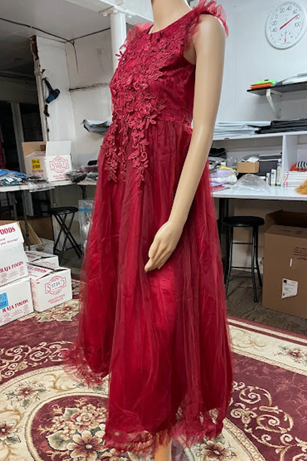Women Superb Mid-Length Lace Decorated Round Neck Sleeveless A-Line Party Evening Dress - WD117573