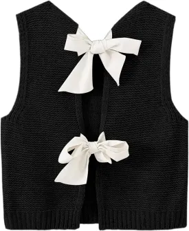 Womens Cute Bow Tie Open Back Cropped Sweater Vest Knit Tank Tops Y2k Girls Sleeveless Cardigan Pullover Shirts