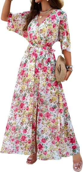 Womens Half Sleeve Wrap V Neck Chiffon Floral Casual Maxi Dress Spring Summer Wedding Guest Dresses for Women 2025