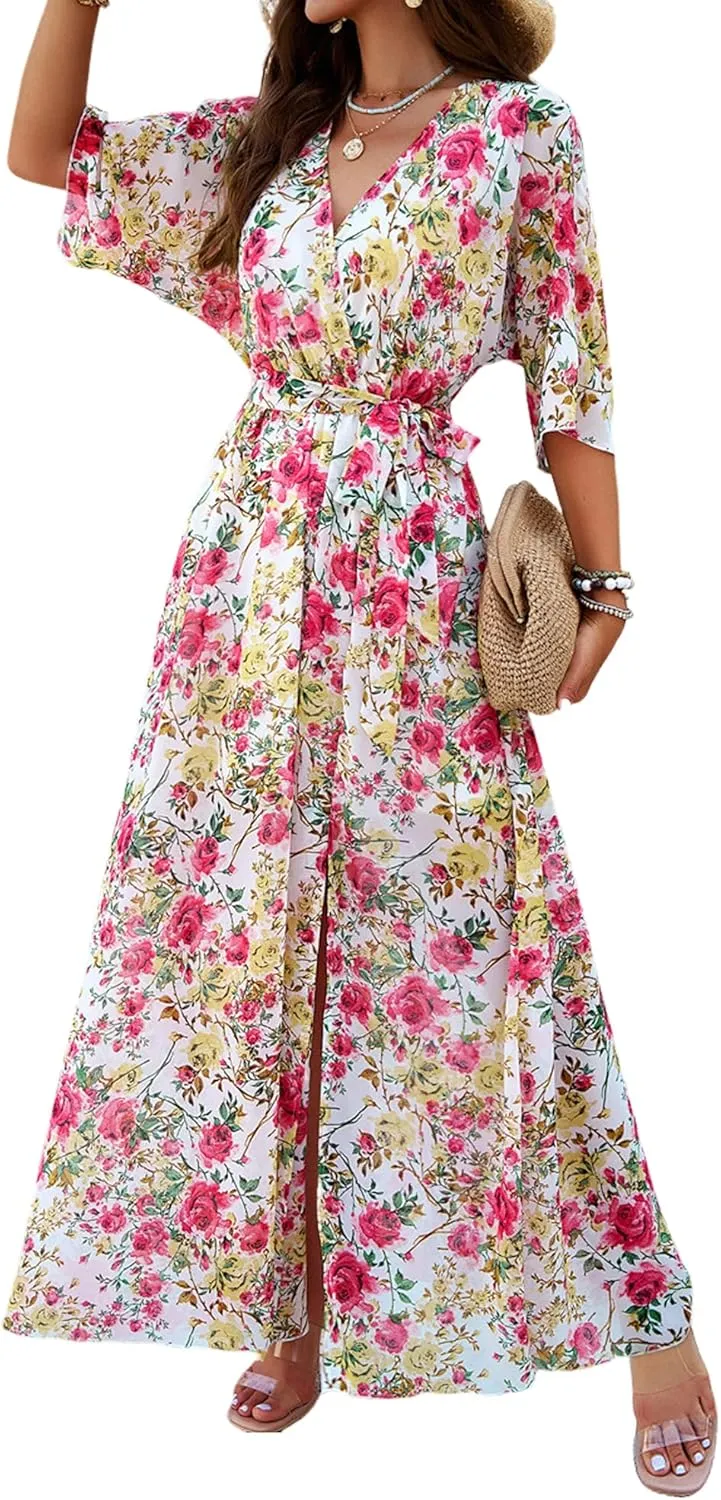 Womens Half Sleeve Wrap V Neck Chiffon Floral Casual Maxi Dress Spring Summer Wedding Guest Dresses for Women 2025