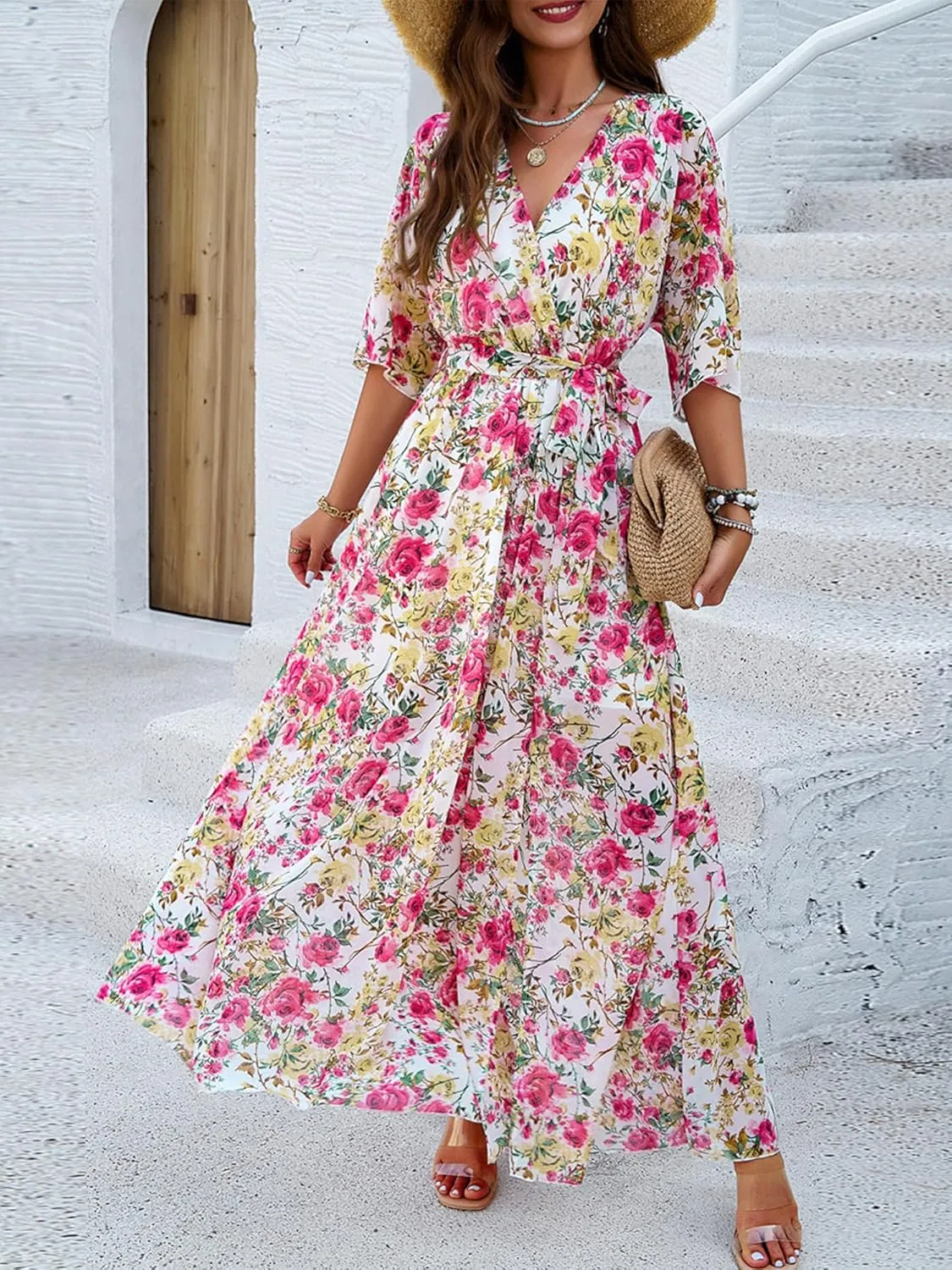 Womens Half Sleeve Wrap V Neck Chiffon Floral Casual Maxi Dress Spring Summer Wedding Guest Dresses for Women 2025