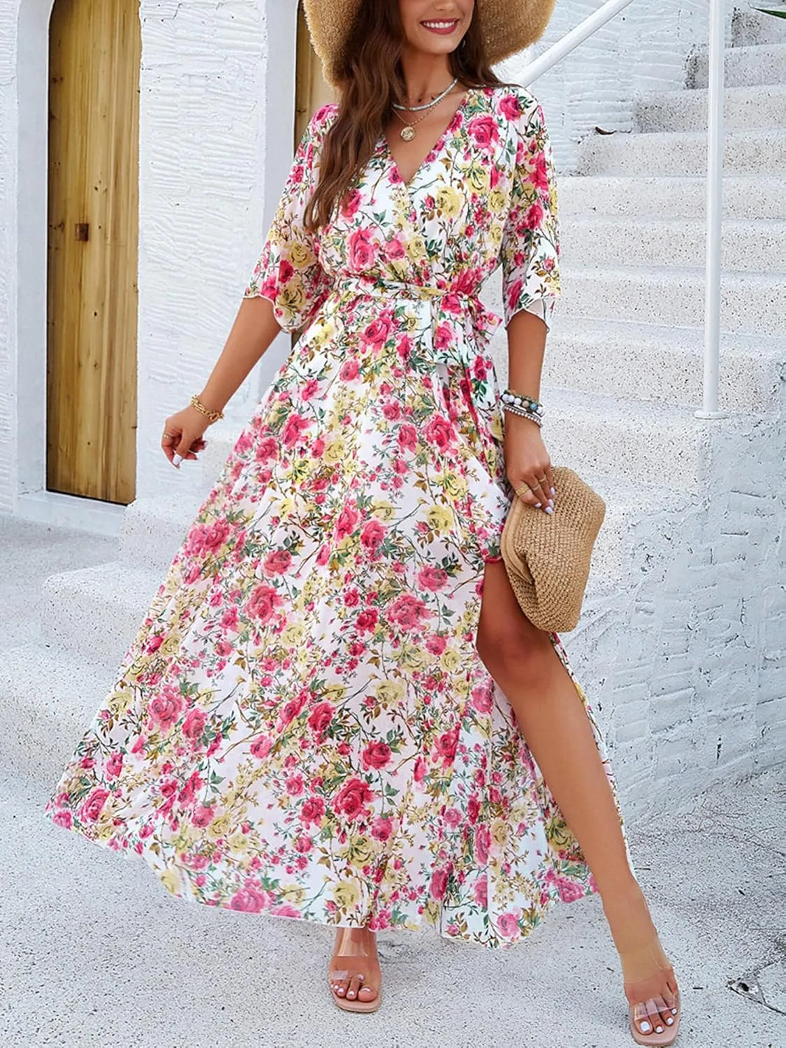 Womens Half Sleeve Wrap V Neck Chiffon Floral Casual Maxi Dress Spring Summer Wedding Guest Dresses for Women 2025
