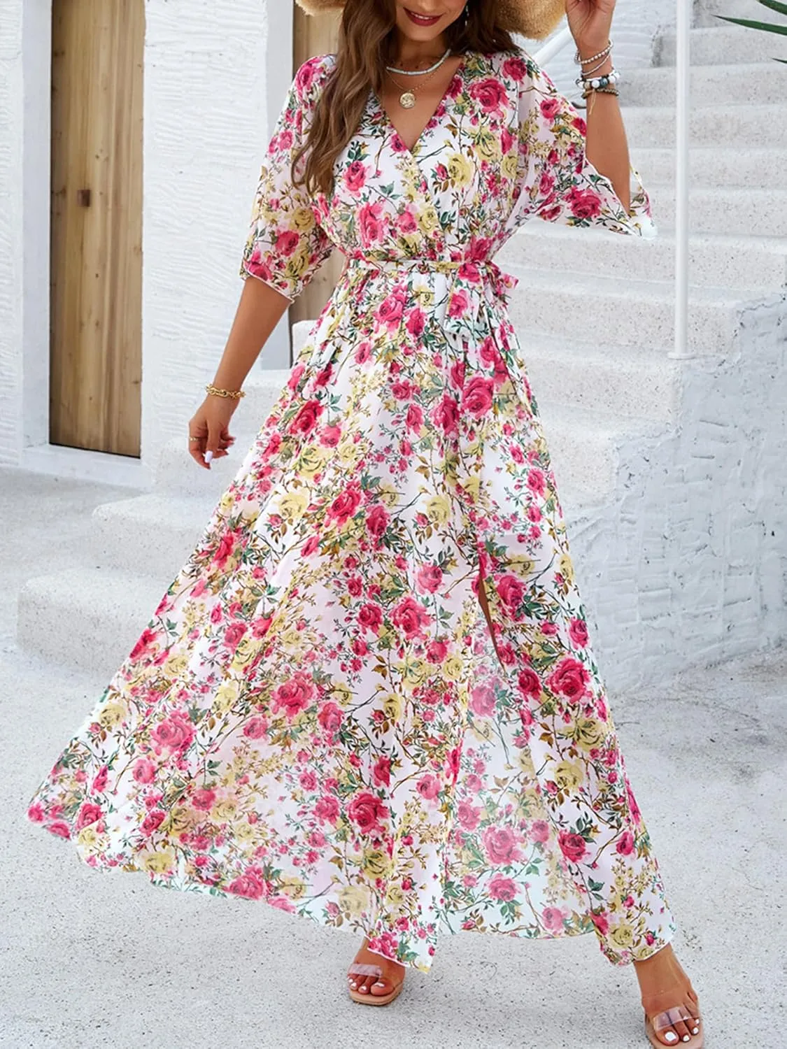 Womens Half Sleeve Wrap V Neck Chiffon Floral Casual Maxi Dress Spring Summer Wedding Guest Dresses for Women 2025