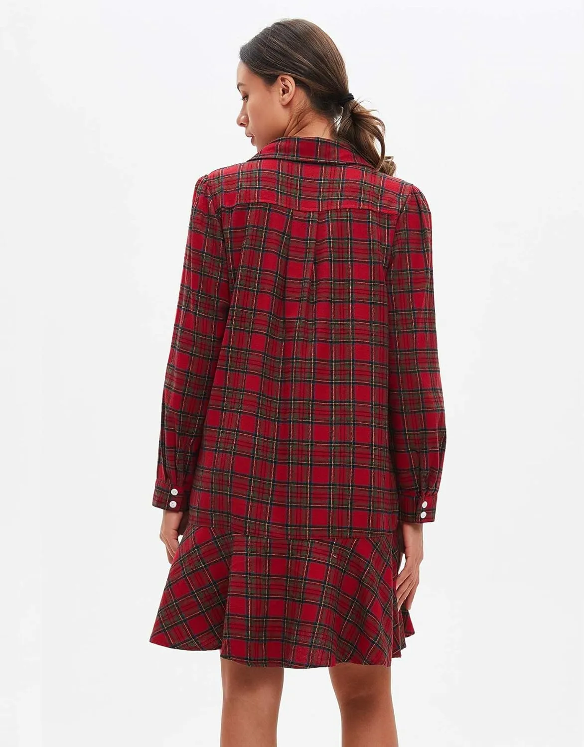 Women's Plaid Tunic Dress V Neck Button Down Collar Mini Dress Flowy Swing Shift Christmas Dress