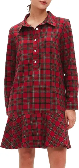 Women's Plaid Tunic Dress V Neck Button Down Collar Mini Dress Flowy Swing Shift Christmas Dress