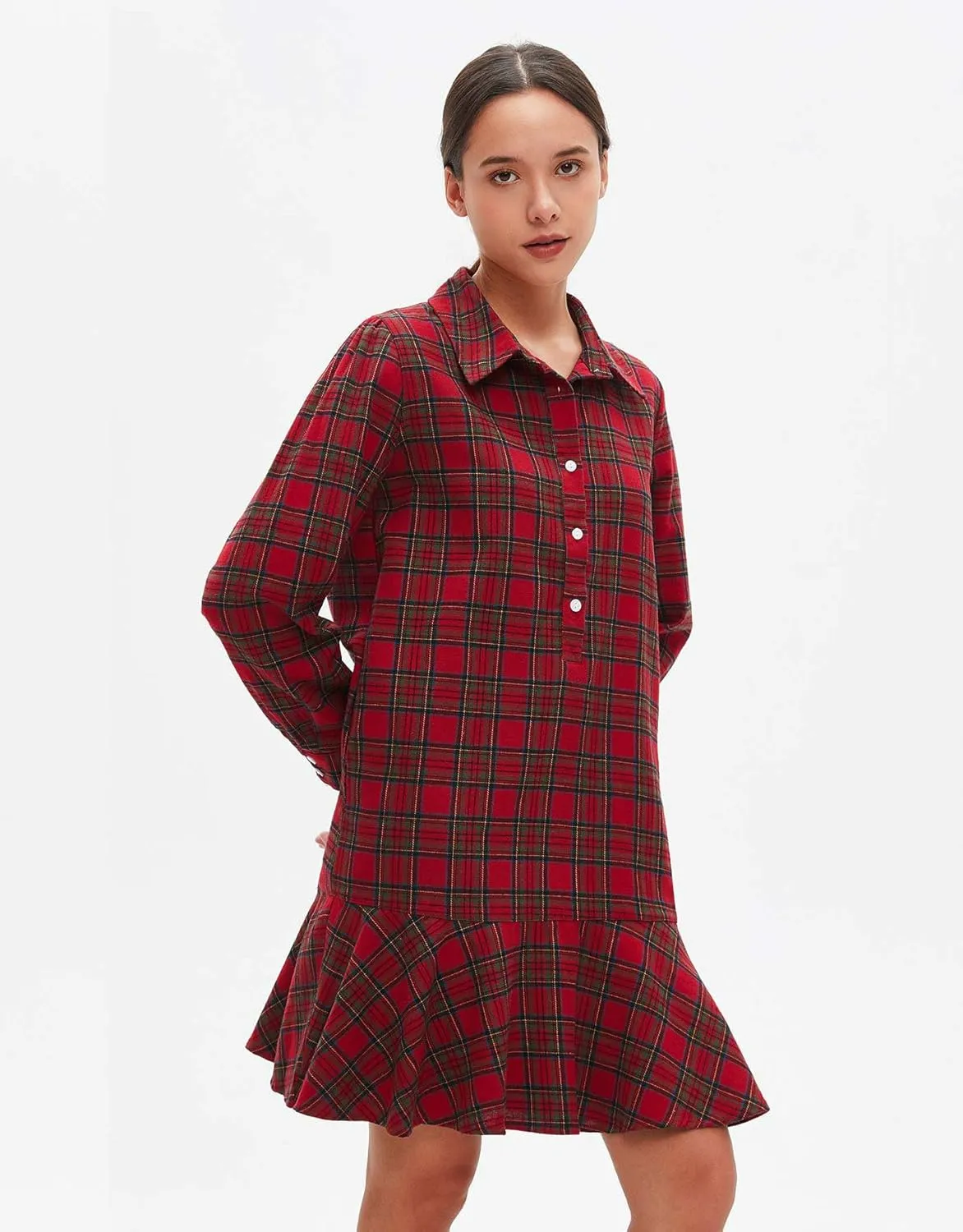 Women's Plaid Tunic Dress V Neck Button Down Collar Mini Dress Flowy Swing Shift Christmas Dress