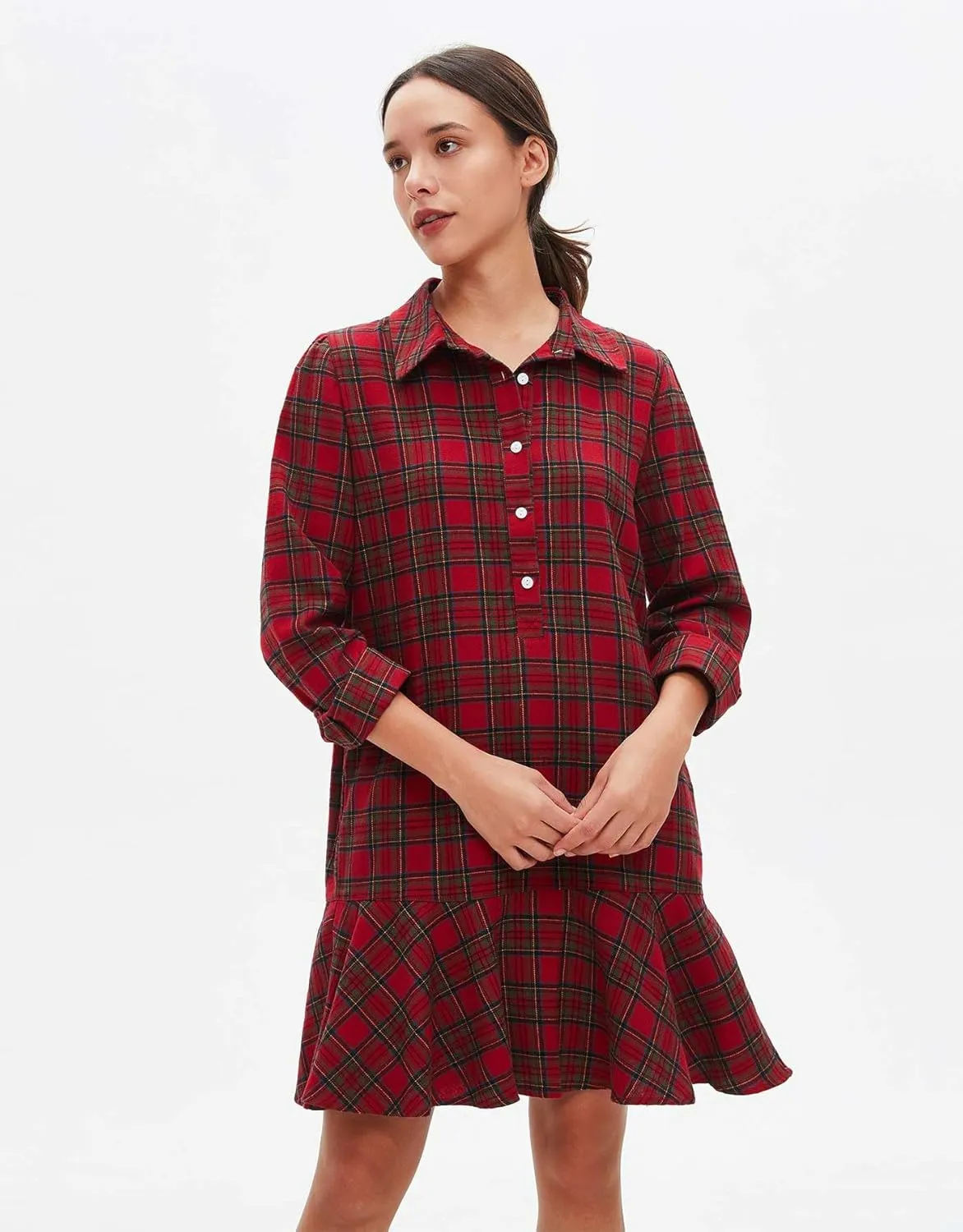 Women's Plaid Tunic Dress V Neck Button Down Collar Mini Dress Flowy Swing Shift Christmas Dress