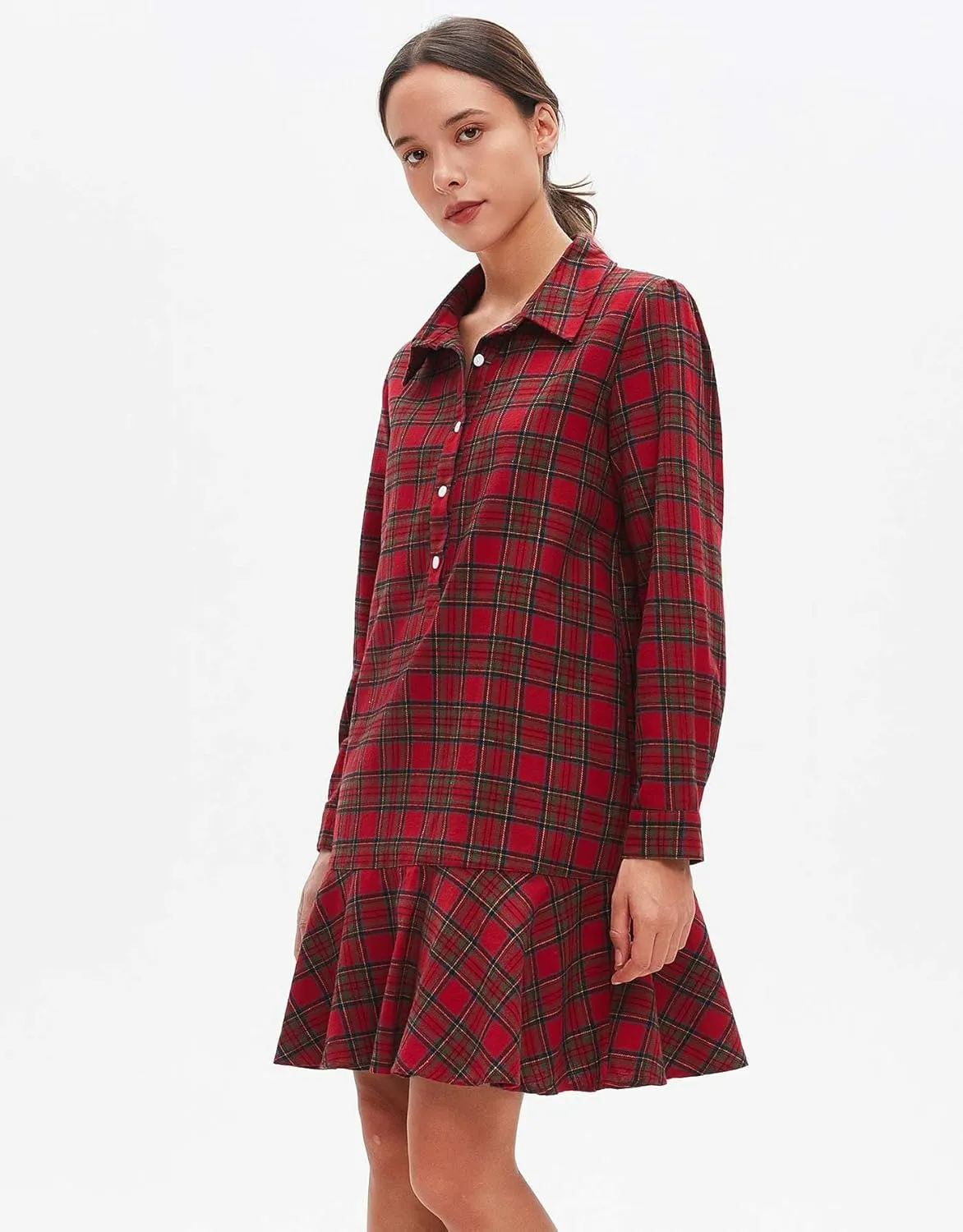 Women's Plaid Tunic Dress V Neck Button Down Collar Mini Dress Flowy Swing Shift Christmas Dress