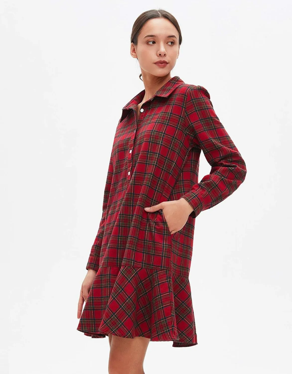 Women's Plaid Tunic Dress V Neck Button Down Collar Mini Dress Flowy Swing Shift Christmas Dress