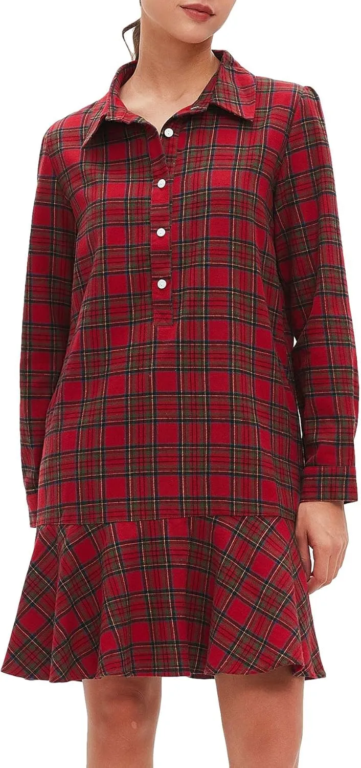 Women's Plaid Tunic Dress V Neck Button Down Collar Mini Dress Flowy Swing Shift Christmas Dress