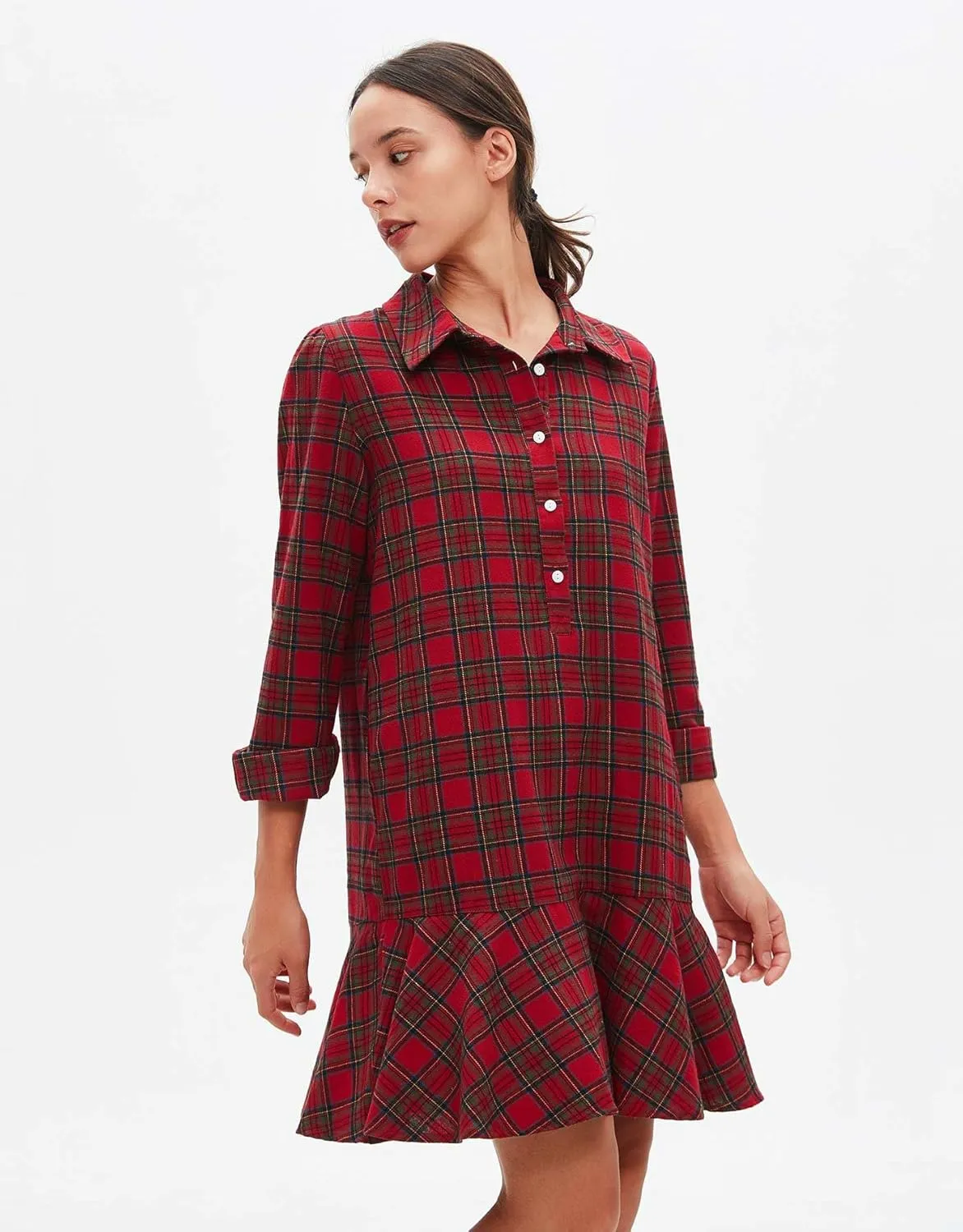 Women's Plaid Tunic Dress V Neck Button Down Collar Mini Dress Flowy Swing Shift Christmas Dress