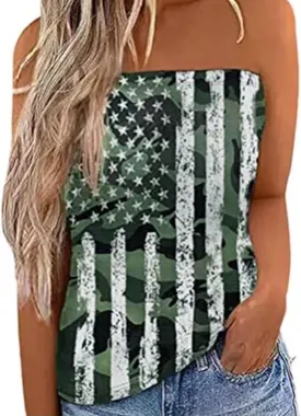 Women's Tube Tops Striped Backless Strapless Top Sleeveless American Flag Smocked Strapless Bandeau Tanks Top Shirt