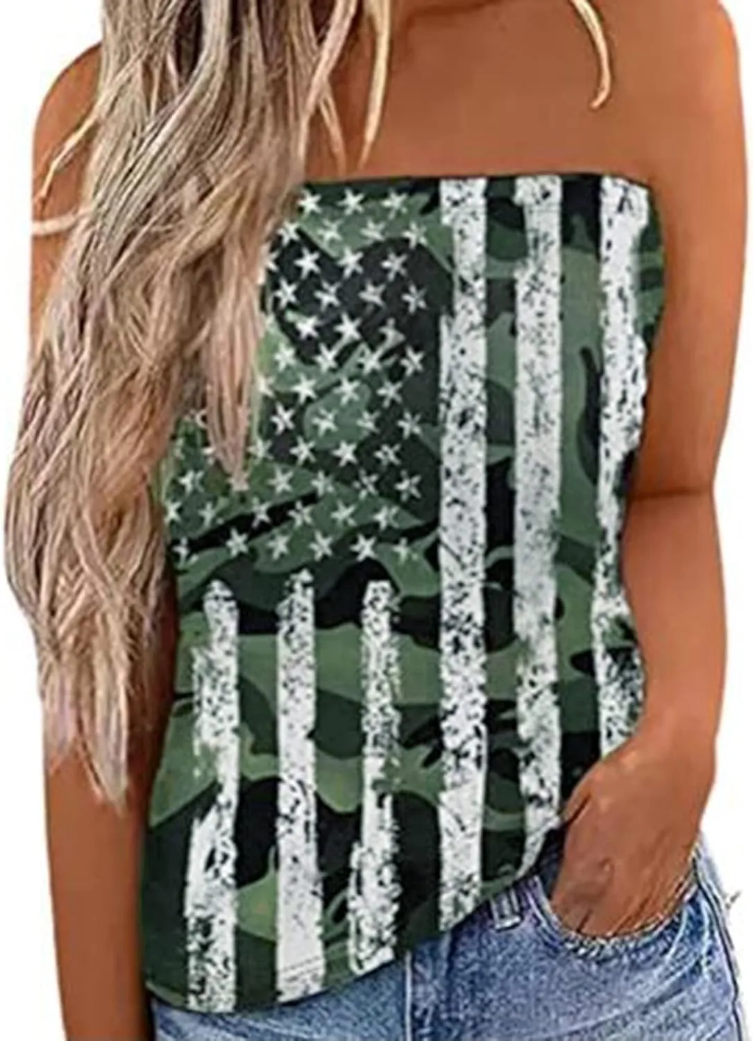 Women's Tube Tops Striped Backless Strapless Top Sleeveless American Flag Smocked Strapless Bandeau Tanks Top Shirt