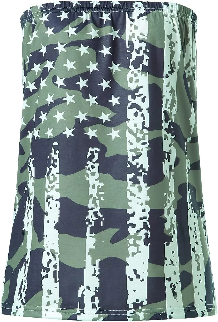 Women's Tube Tops Striped Backless Strapless Top Sleeveless American Flag Smocked Strapless Bandeau Tanks Top Shirt